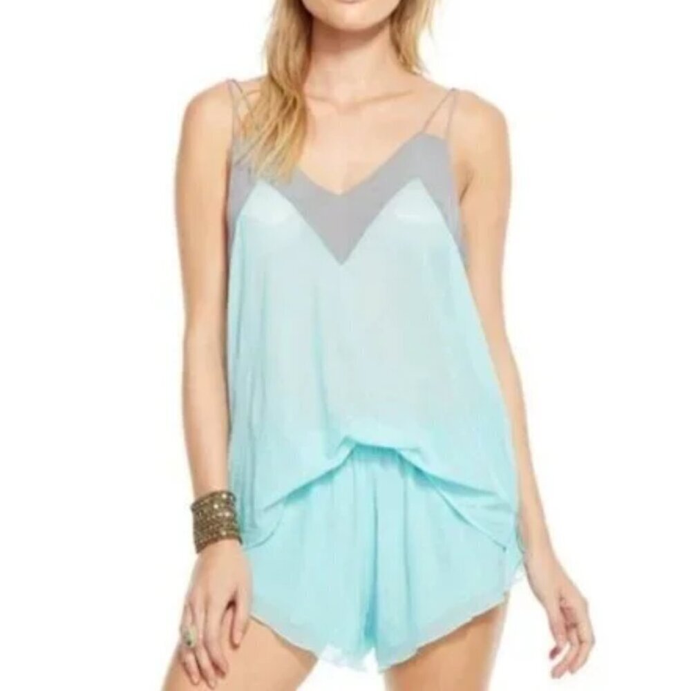 NEW Chaser Teal & Gray Mesh Double Spaghetti Strap V Neck Camisole Sz. M